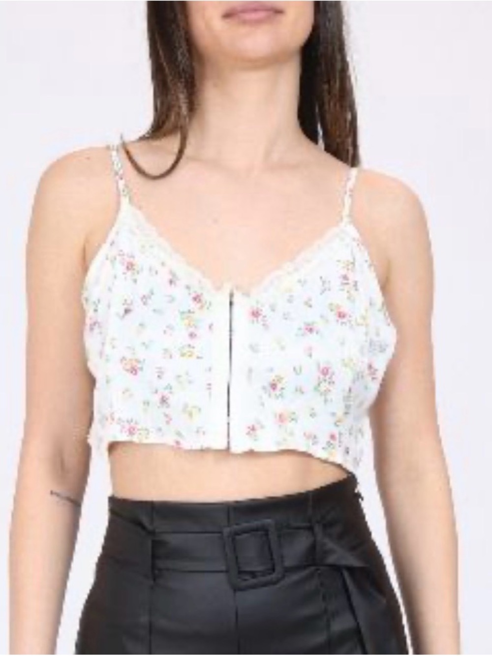 Bershka White Floral Lace-Trim Cropped Cami